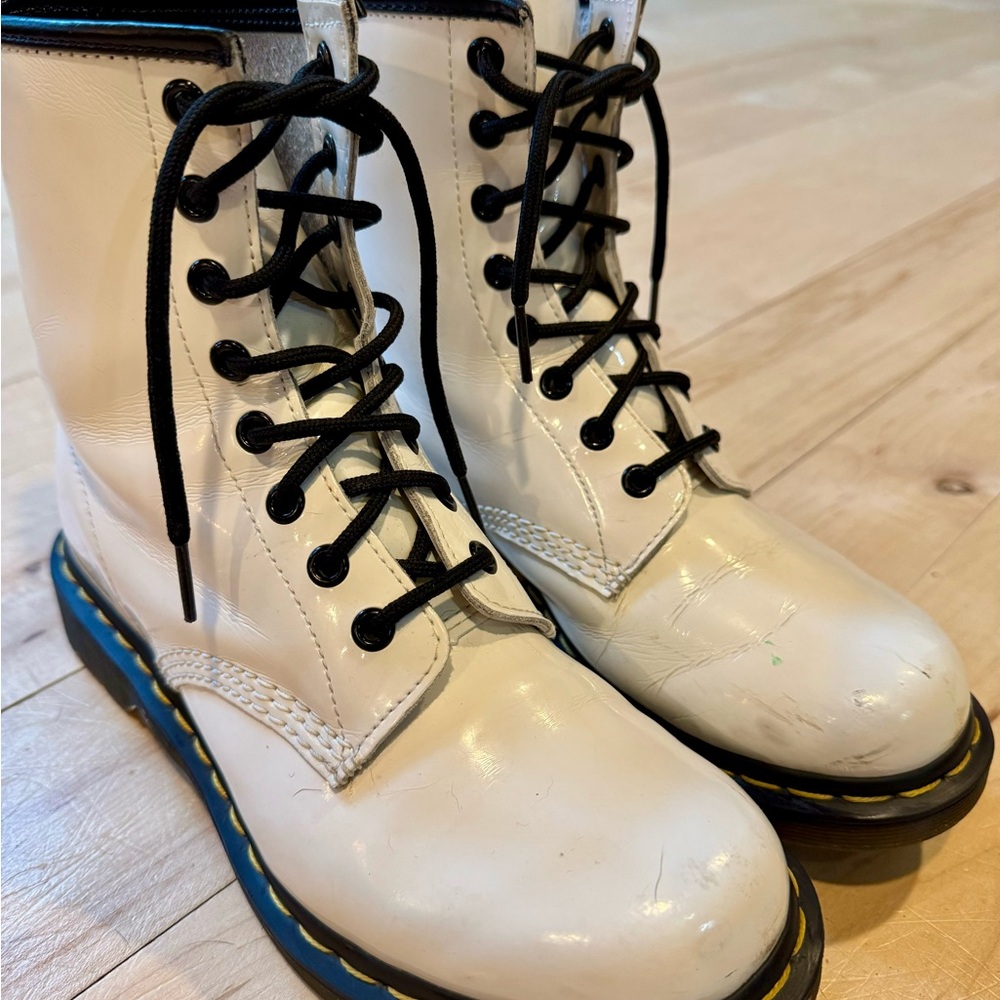 Dr. Martens white patent leather boots
